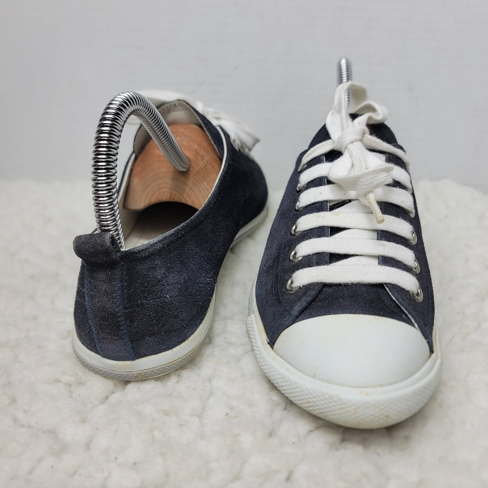 Prada Milano Women’s EU 36.5 Navy Suede Low Top Sneakers White Rubber Toe Italy - Picture 9 of 12